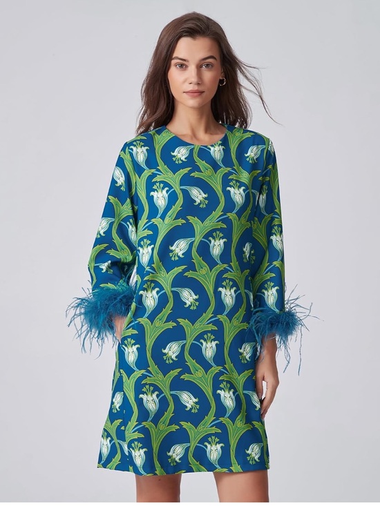 D Sun Dresses & Skirts - NWOT Blue & Green Floral Shift Dress with Feather-Trim Cuffs - Size Medium